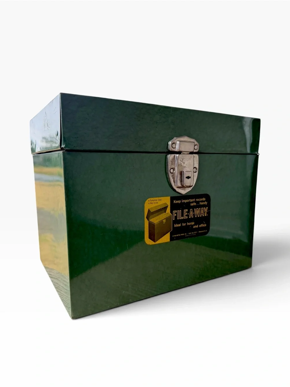 Vintage 1960s File-A-Way Green Metal Storage Box with Locking Latch